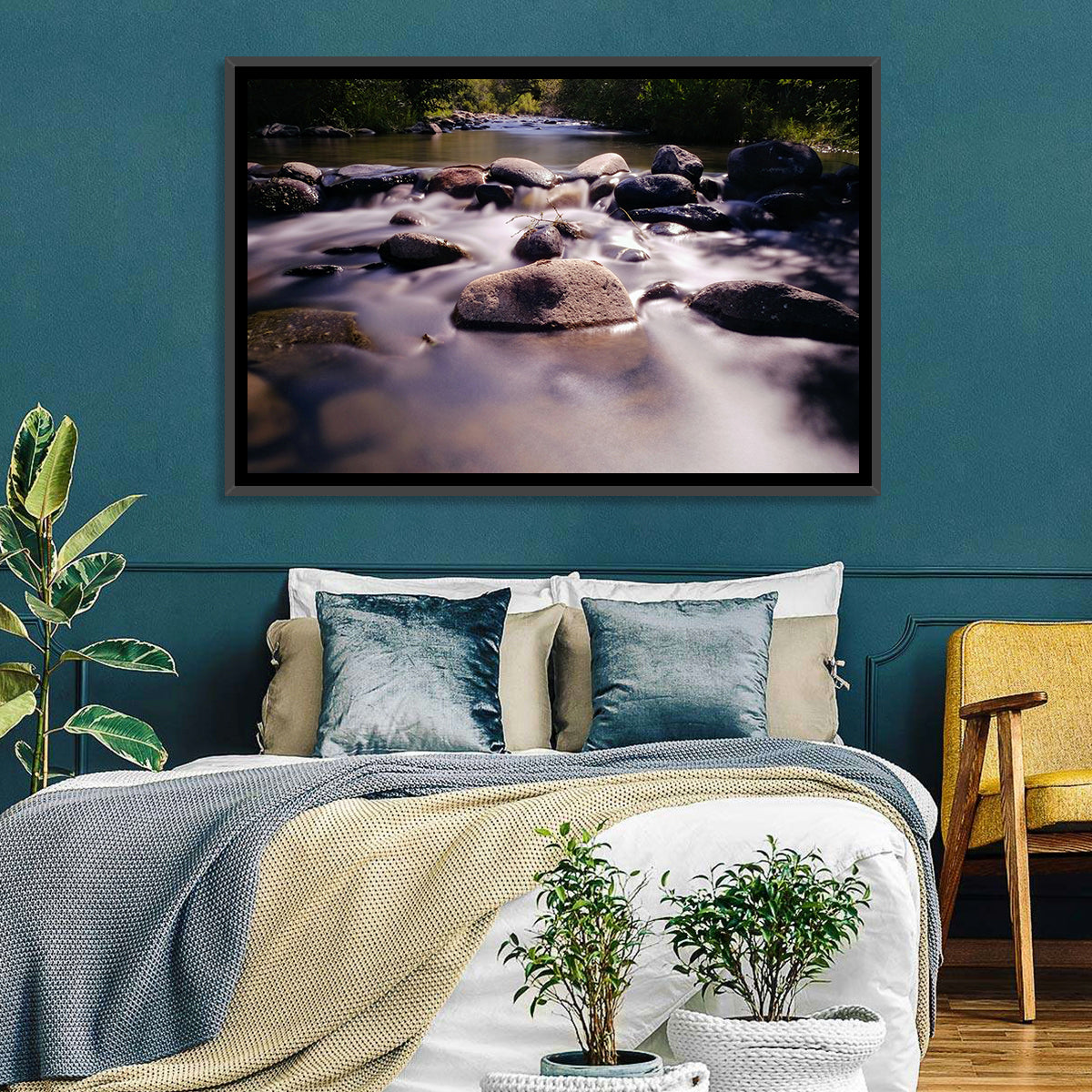 Truckee River Sunlit Rocks Wall Art in a room, landscape