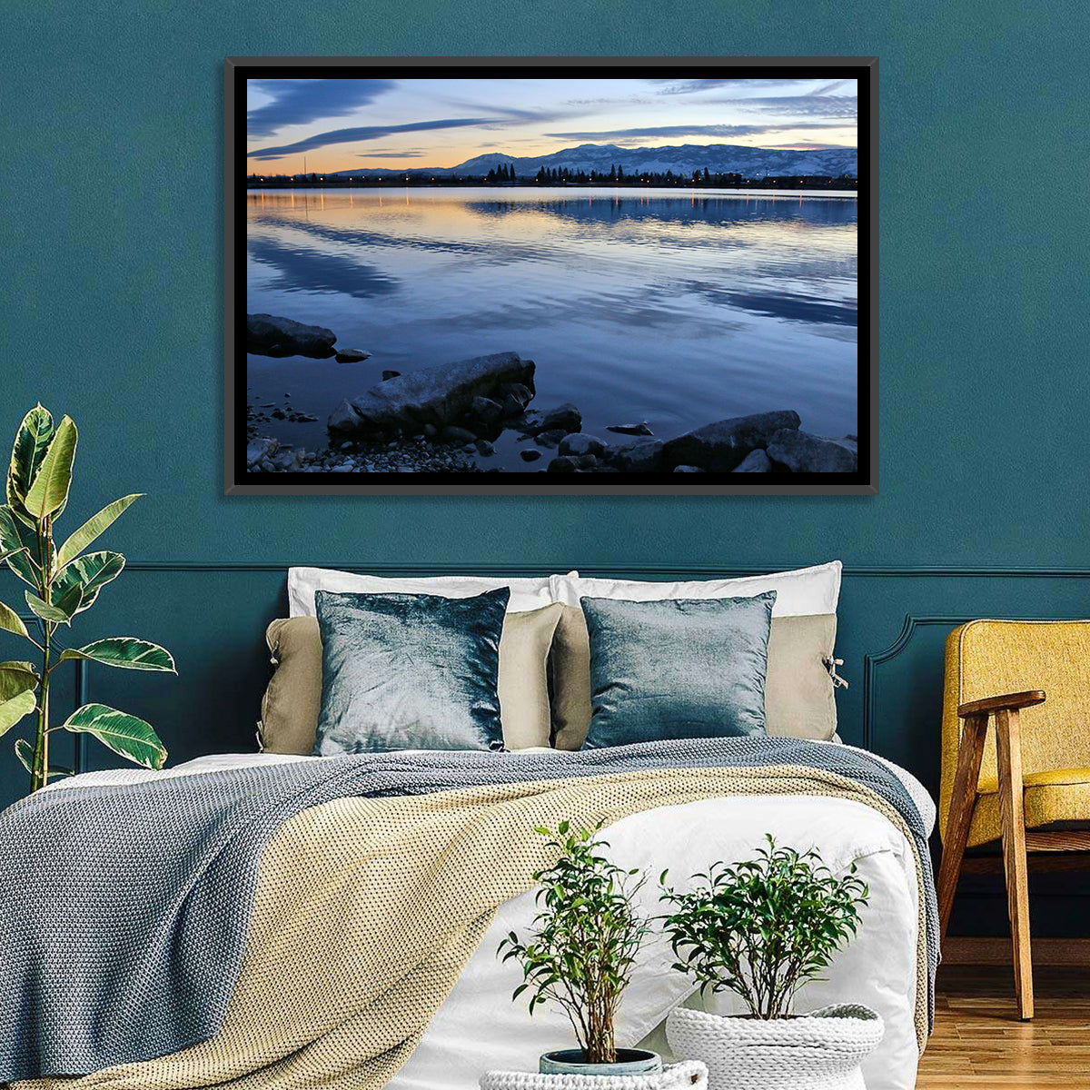 Sparks Marina Twilight Reflection Wall Art in a room, landscape