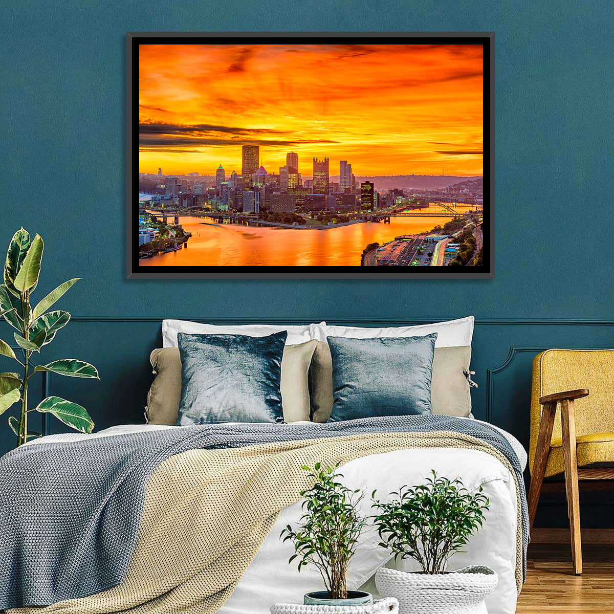 Pittsburgh Skyline at the Point Wall Art in a room, landscape