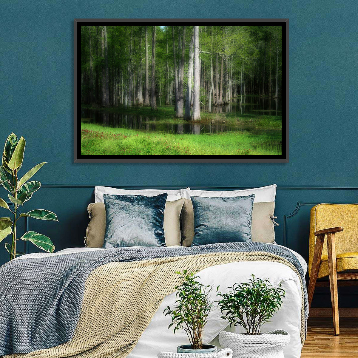 Lush Cypress Swamp Wall Art in a room, landscape