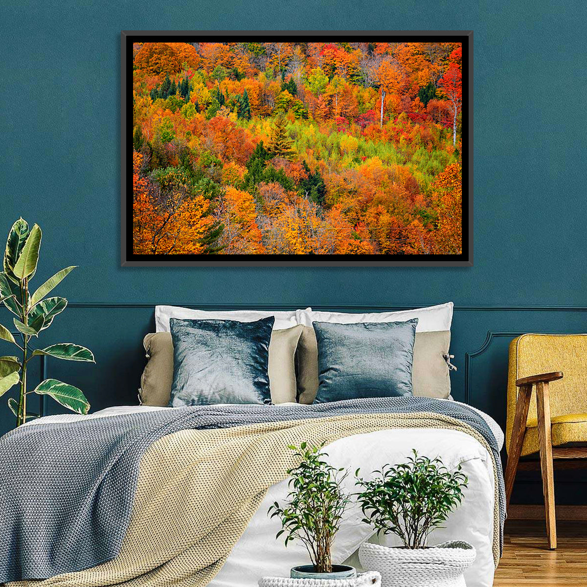 Vermont Autumn Mountain Forest Wall Art in a room, landscape