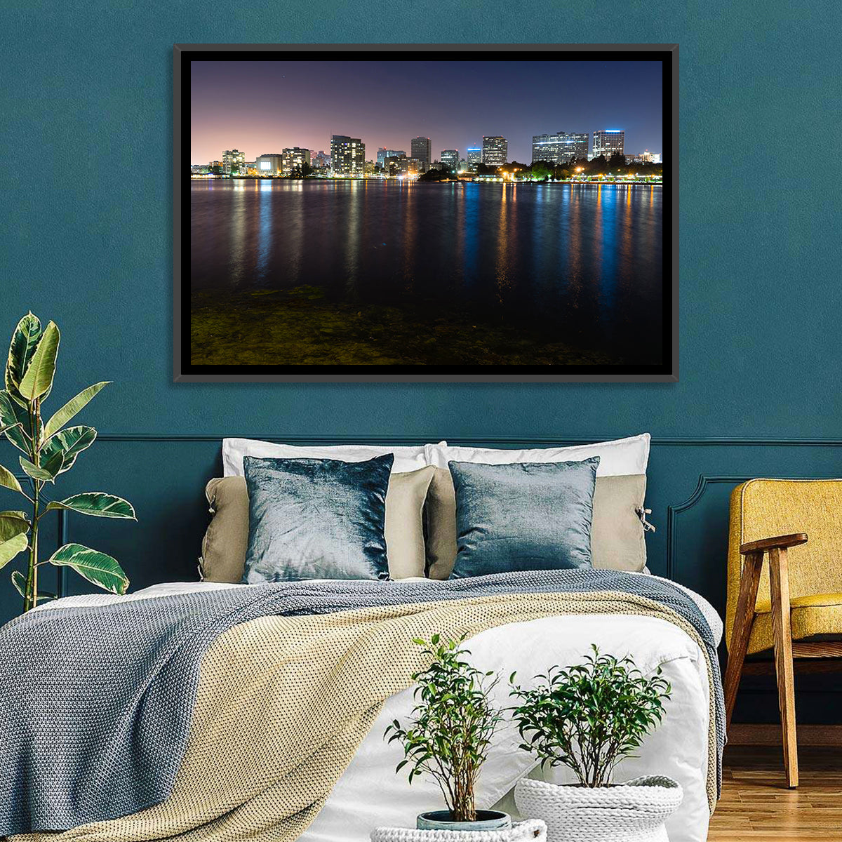 Oakland Skyline Over Lake Merritt Wall Art in a room, landscape