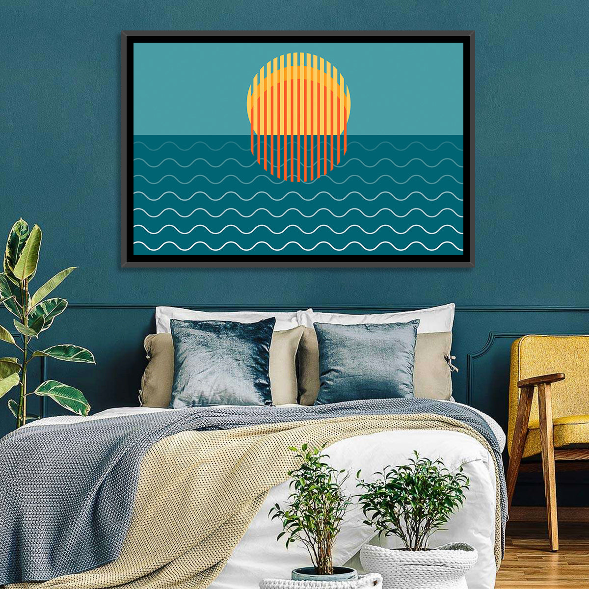 Teal Ocean Sunset Illustration Wall Art in a room, landscape