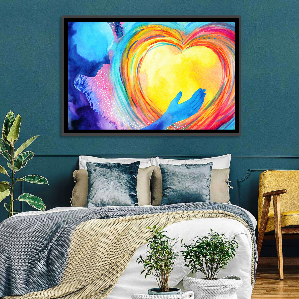 Blue Silhouette with Radiant Heart Wall Art in a room, landscape