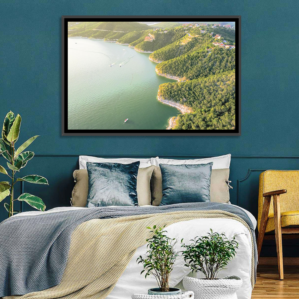 Lake Travis Aerial View Wall Art in a room, landscape