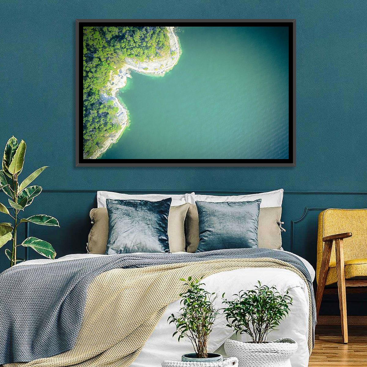 L-shaped Coastline Over Teal Lake Wall Art in a room, landscape