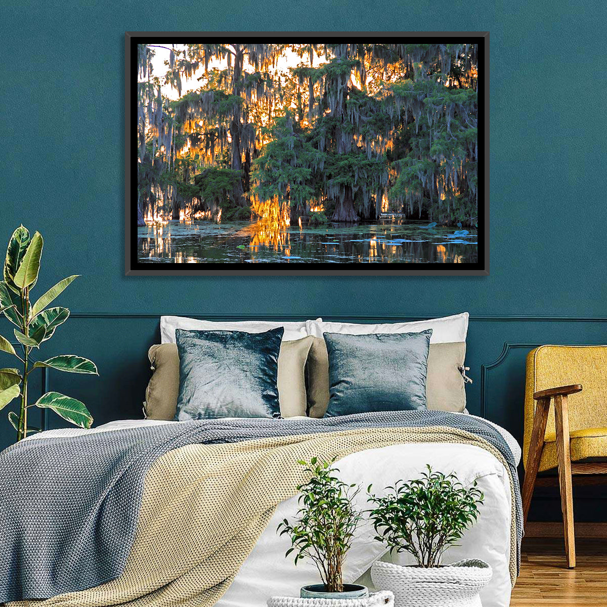 Lake Martin Cypress Reflection Wall Art in a room, landscape