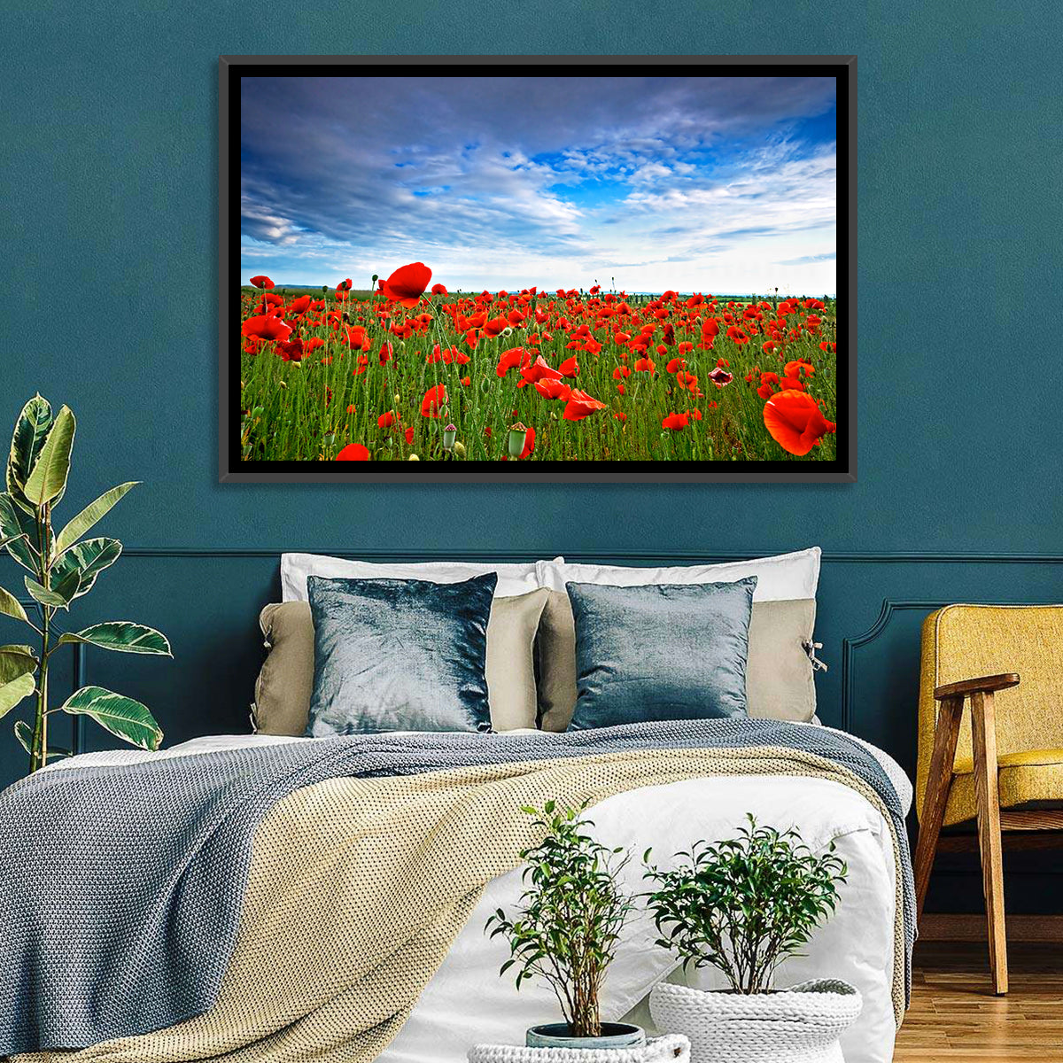 Red Poppy Field Wall Art in a room, landscape