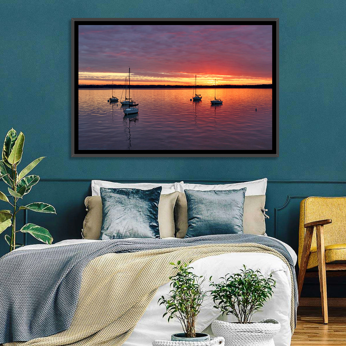 Lake Mendota Sailboats at Sunset Wall Art in a room, landscape