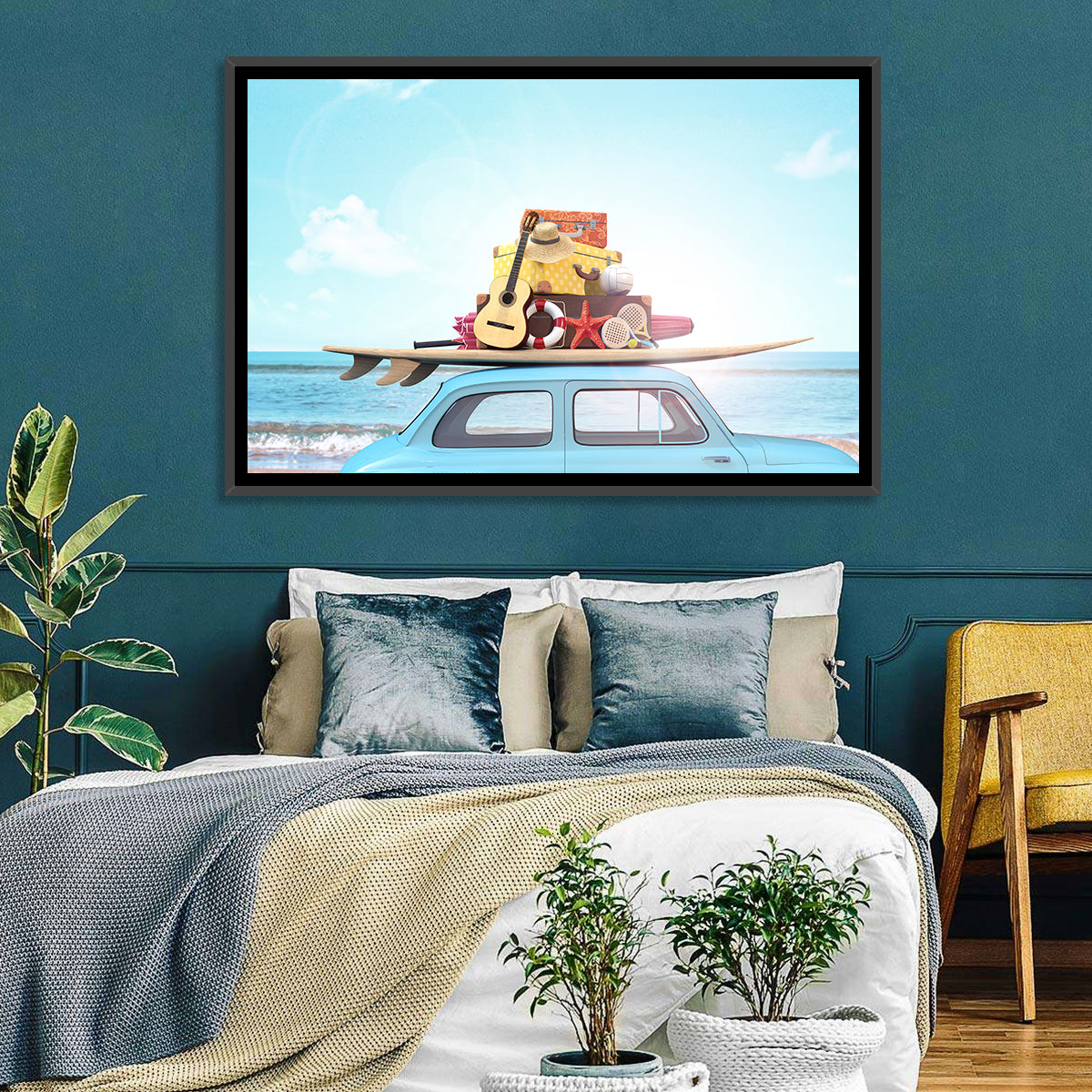 Vintage Car with Surfboard Wall Art in a room, landscape