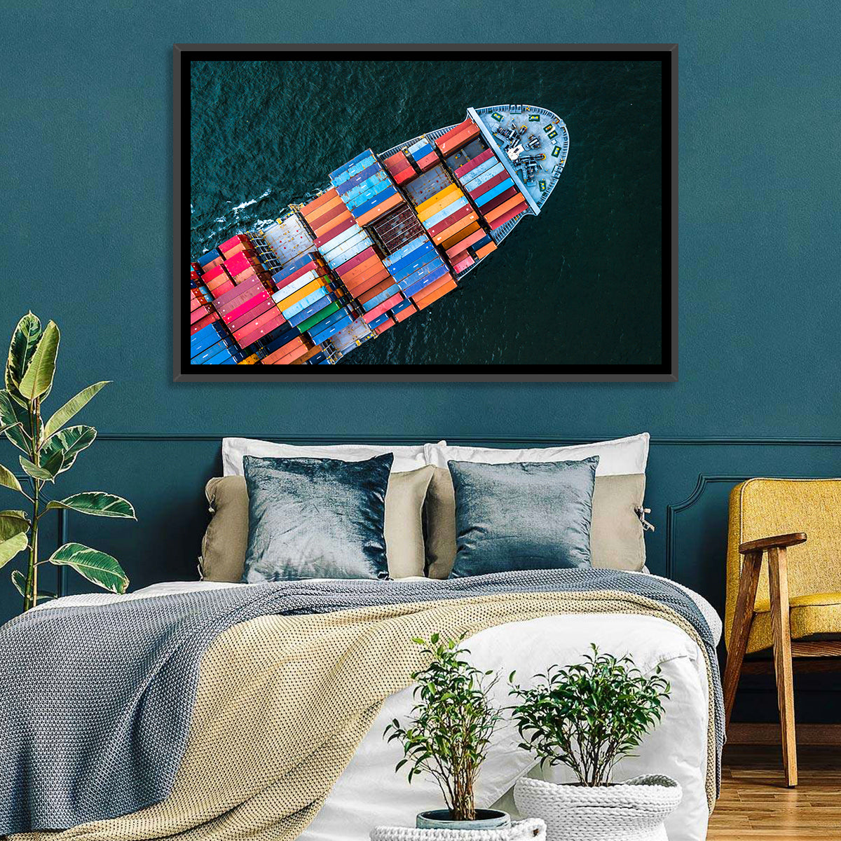 Container Ship Aerial View Wall Art in a room, landscape