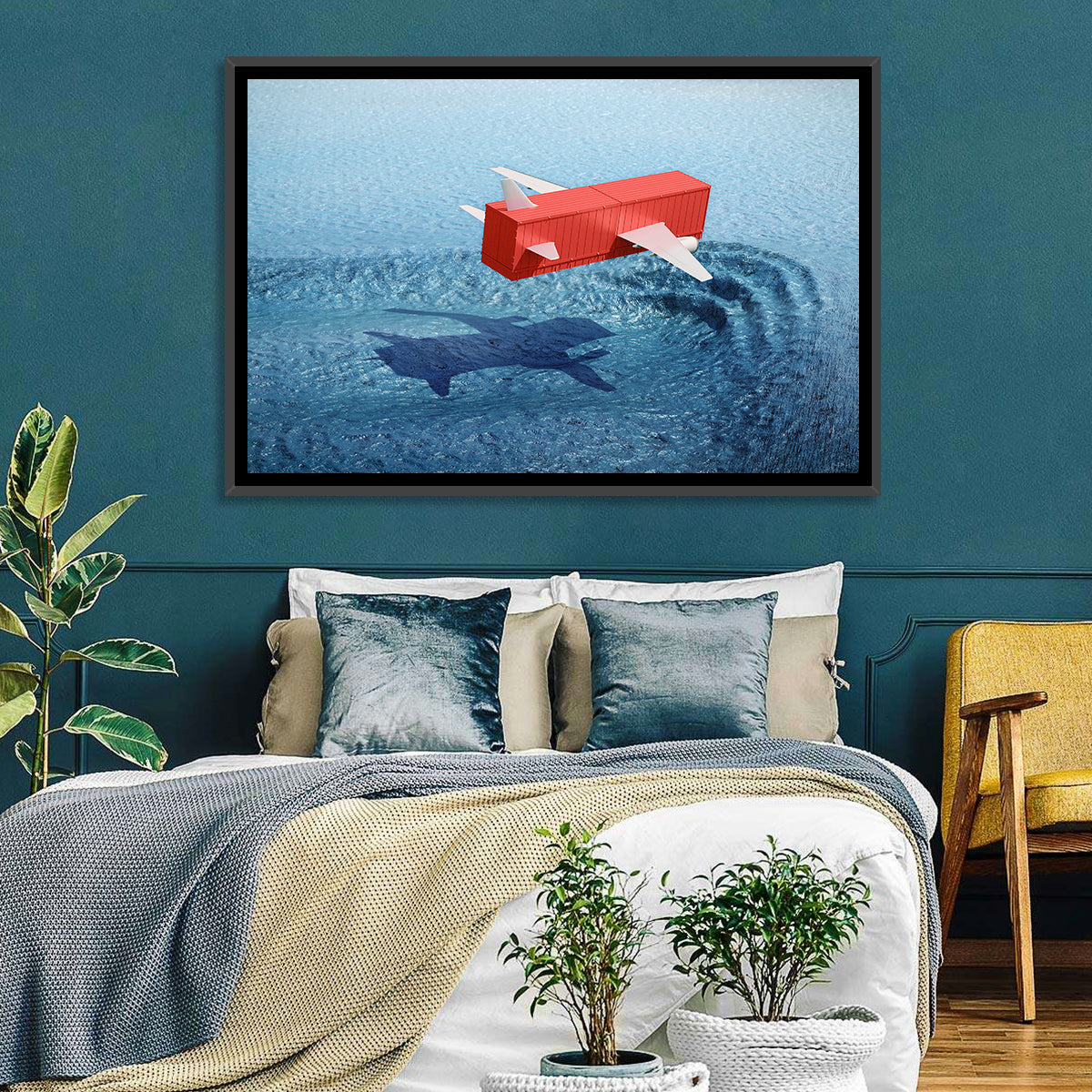 Flying Shipping Container Wall Art in a room, landscape
