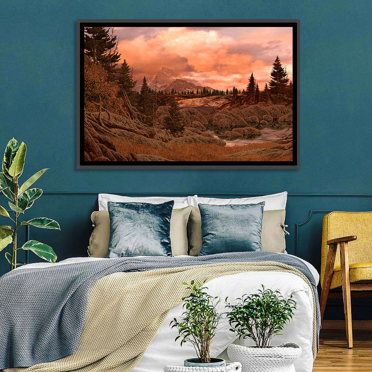 Rocky Mountain Lake at Dusk Wall Art in a room, landscape