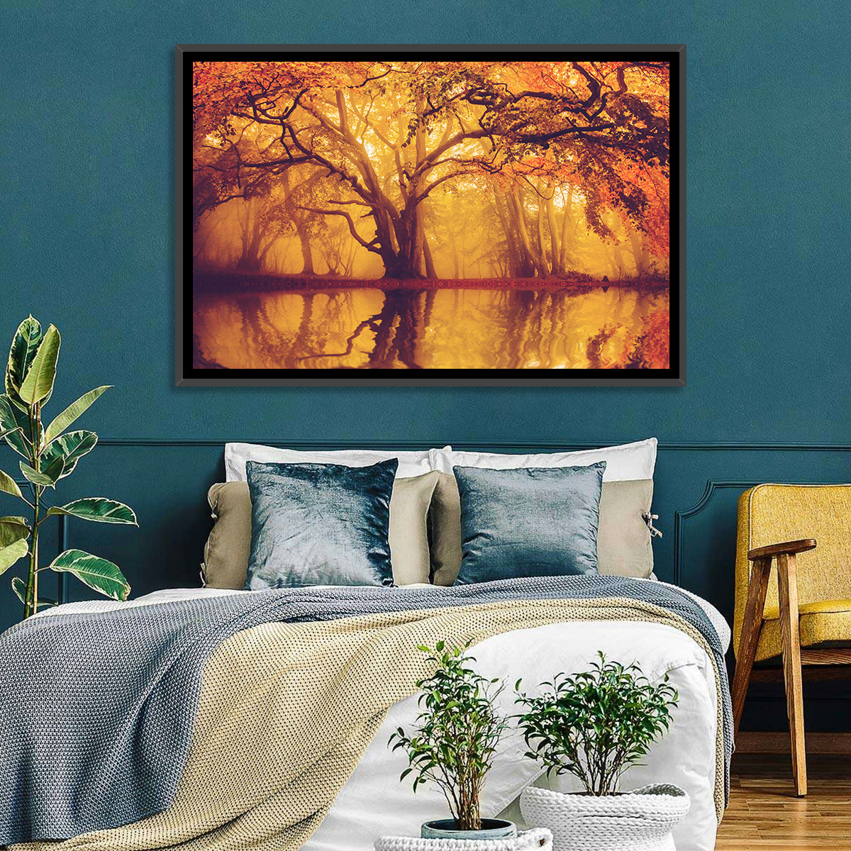 Golden Mist Forest Reflection Wall Art in a room, landscape