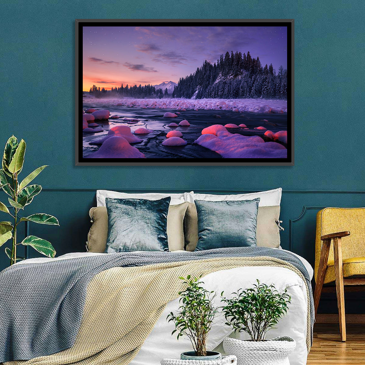 Twilight River and Snowy Pines Wall Art in a room, landscape