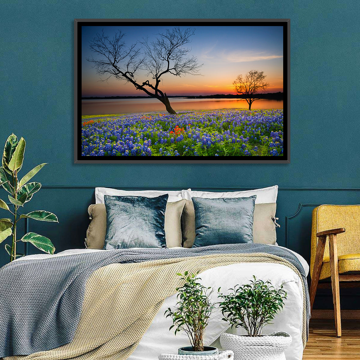 Texas Bluebonnet Sunset Wall Art in a room, landscape