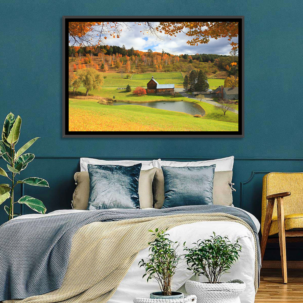 Vermont Barn by Pond Wall Art in a room, landscape