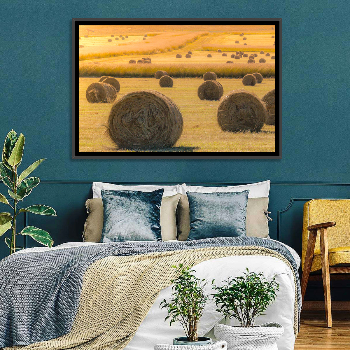 Hay Bales at Golden Hour Wall Art in a room, landscape