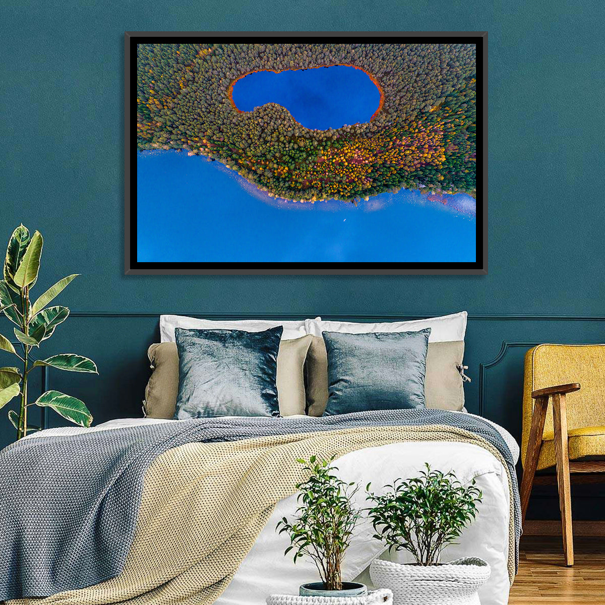 Autumn Forest Lake Wall Art in a room, landscape