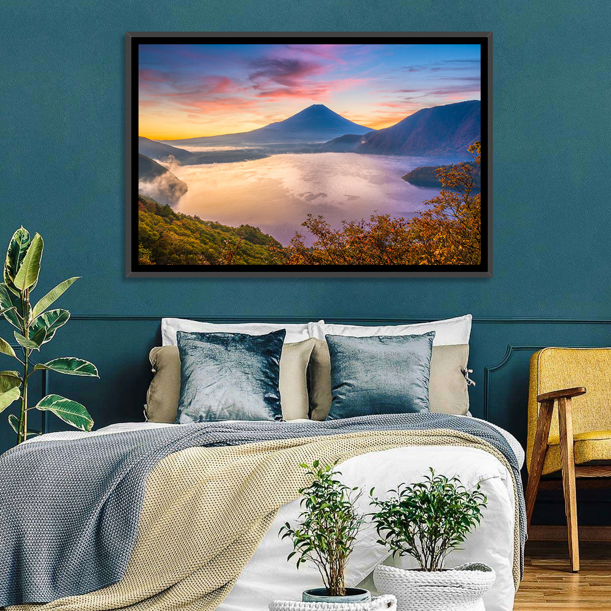 Mount Fuji at Lake Motosu, Autumn Sunrise Wall Art in a room, landscape