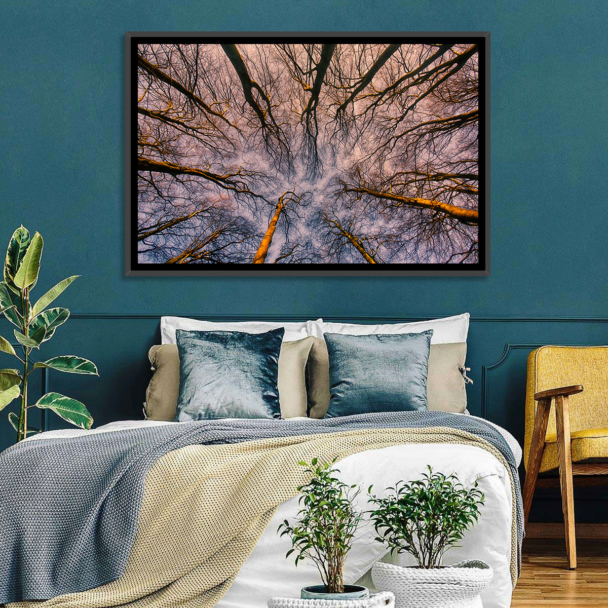 Misty Forest Canopy Wall Art in a room, landscape