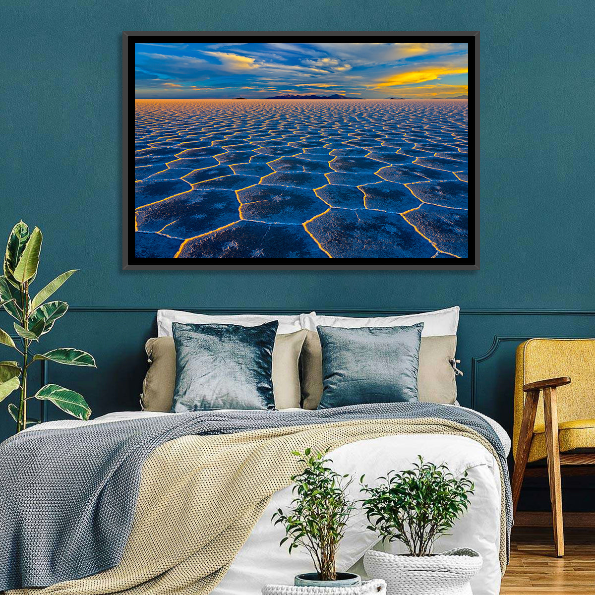 Salar De Uyuni Salt Flats at Sunset Wall Art in a room, landscape