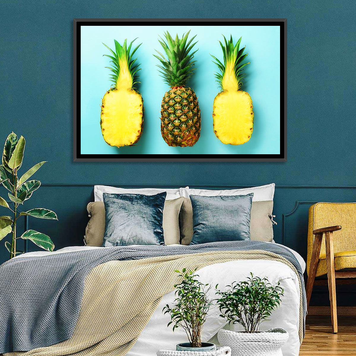 Three Pineapples Minimalist Design Wall Art in a room, landscape