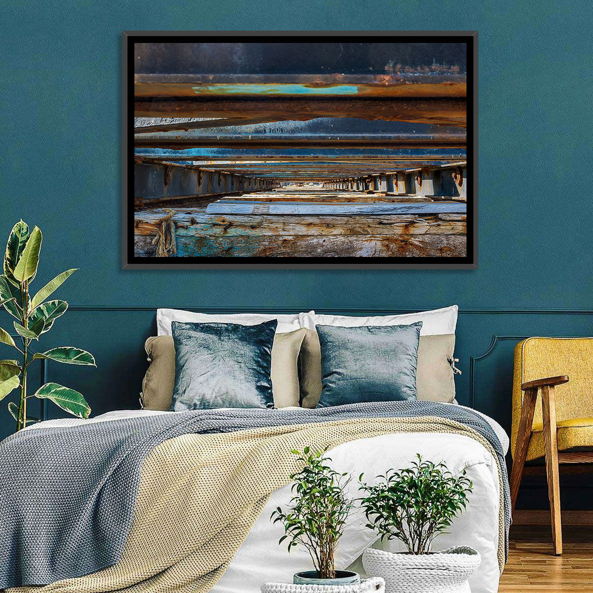 Weathered Dock Perspective Wall Art in a room, landscape