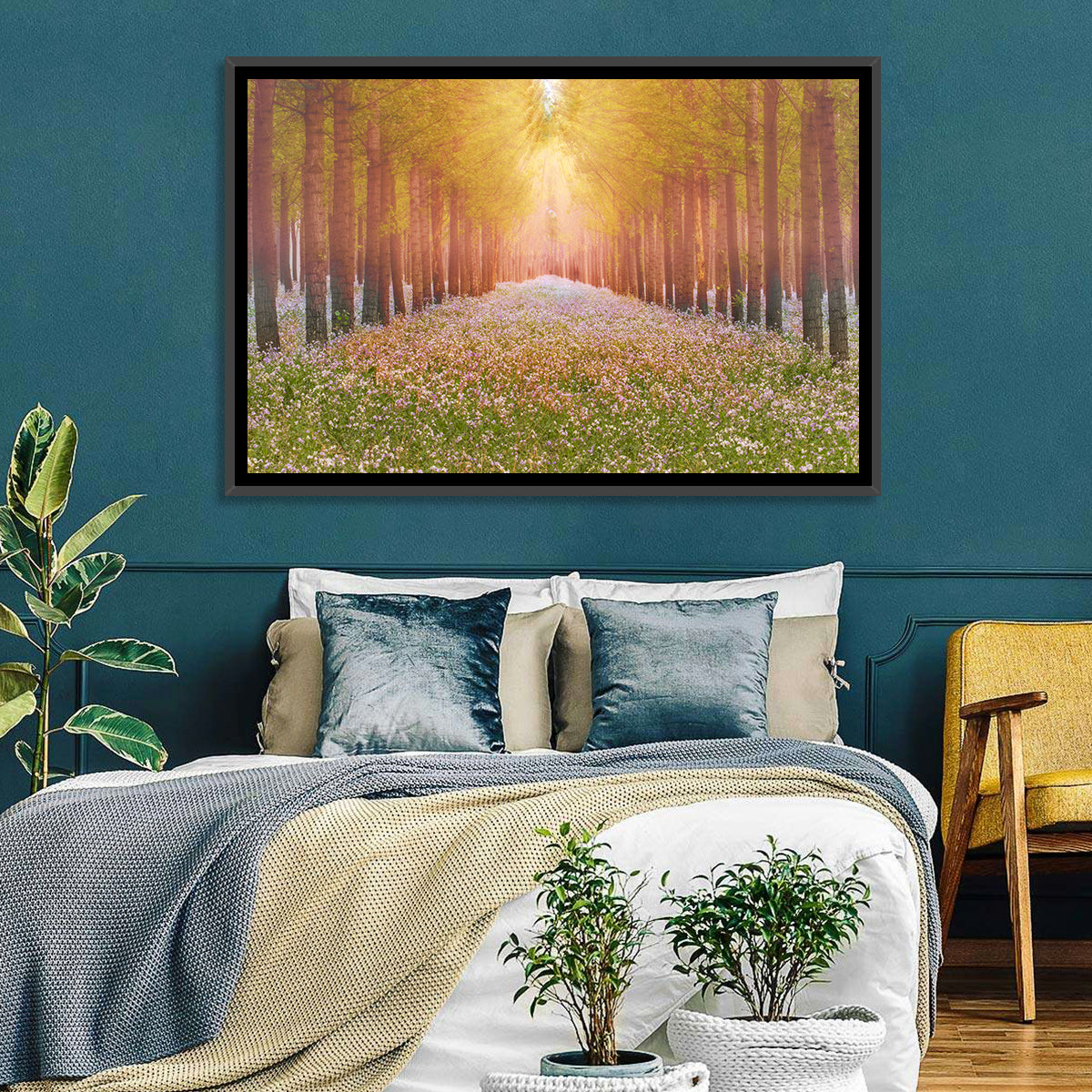 Golden Morning Forest Path Wall Art in a room, landscape