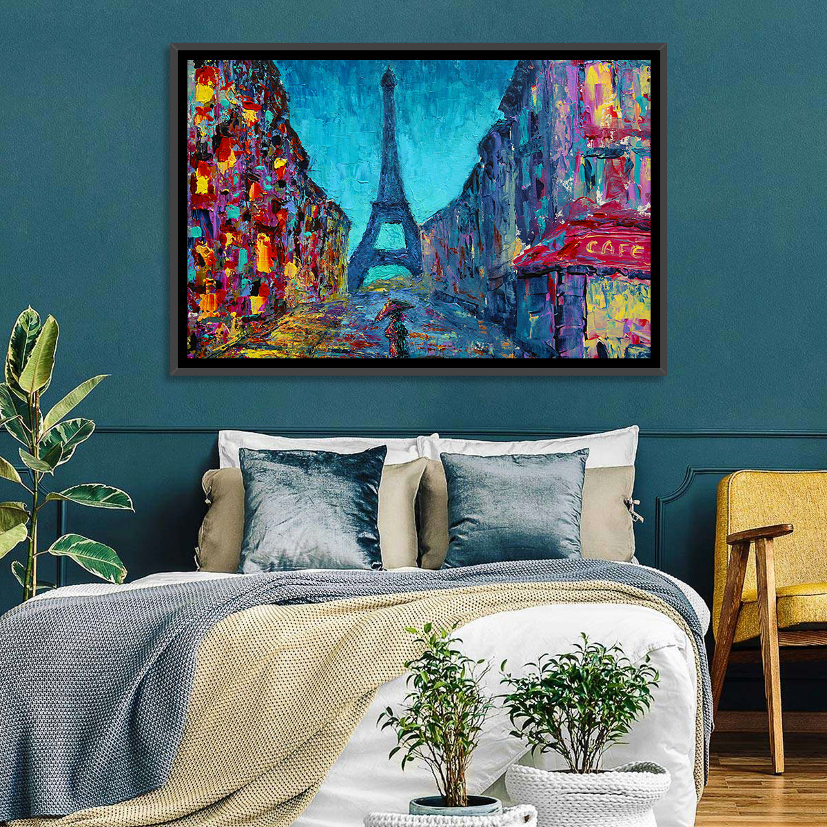 Rainy Paris Street with Eiffel Tower Wall Art in a room, landscape