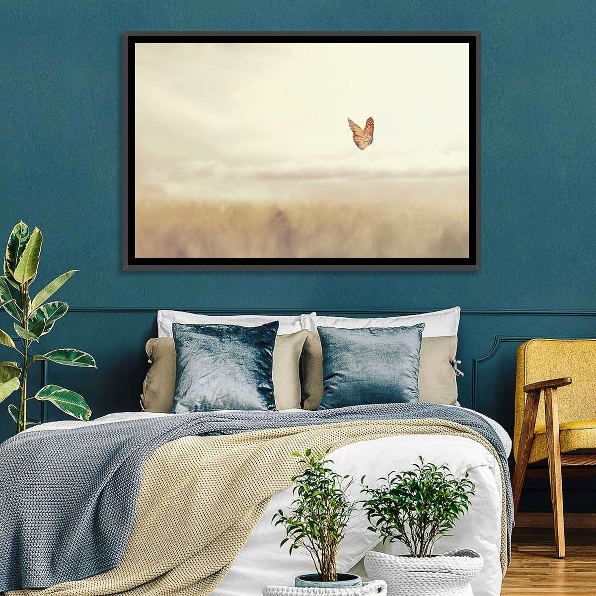 Monarch Over Beige Field Wall Art in a room, landscape
