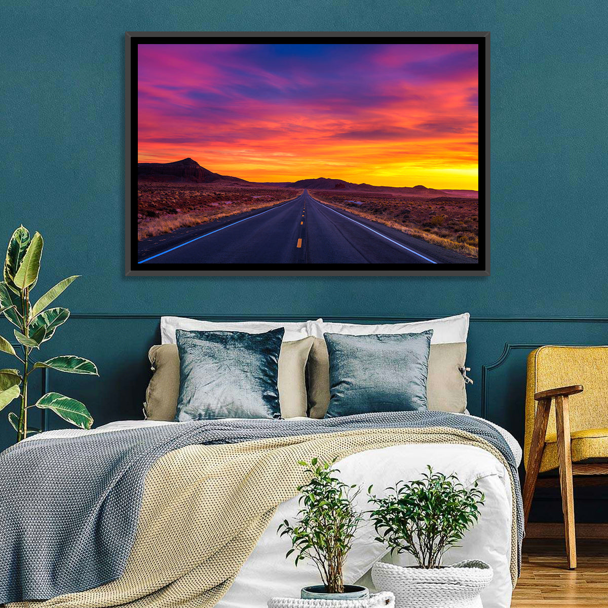 Infinite Desert Road Sunset Wall Art in a room, landscape