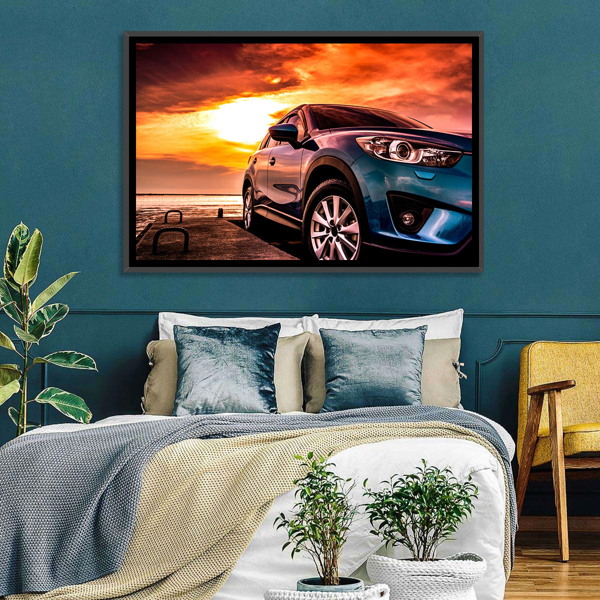 Suv on Pier at Sunset Wall Art in a room, landscape