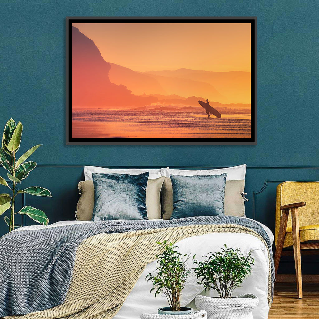 Surfer Silhouette at Golden Sunset Wall Art