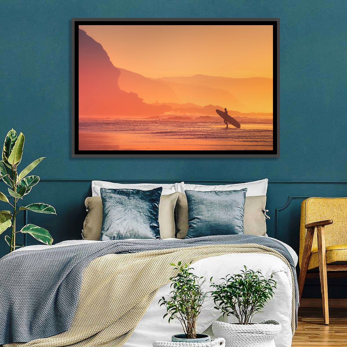 Surfer Silhouette at Golden Sunset Wall Art