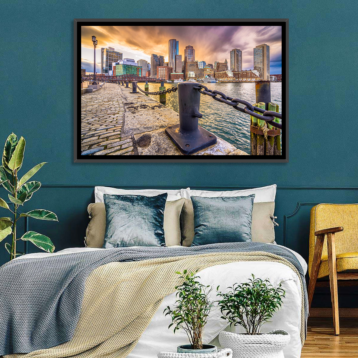 Boston Harbor at Dusk Wall Art in a room, landscape