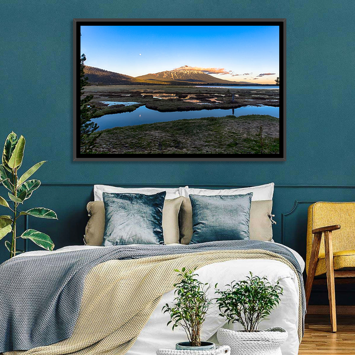 Mount Bachelor Moonlit Sunset Wall Art in a room, landscape