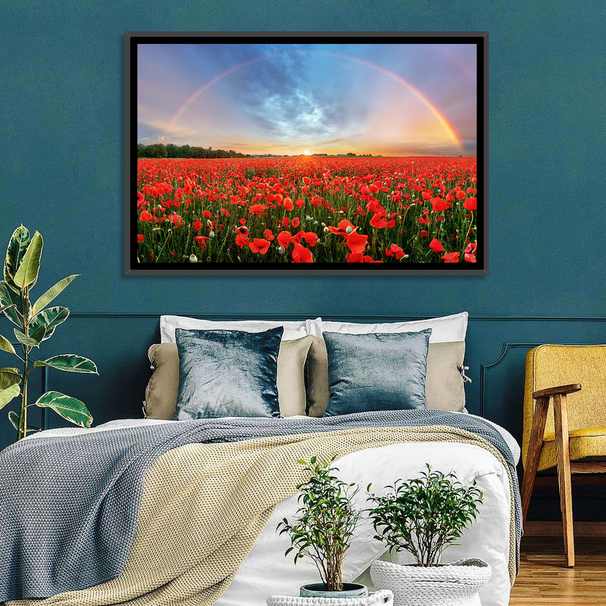 Poppy Field with Double Rainbow Wall Art in a room, landscape