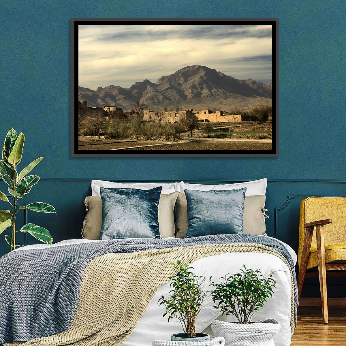 Afghan Mountain Village Wall Art in a room, landscape