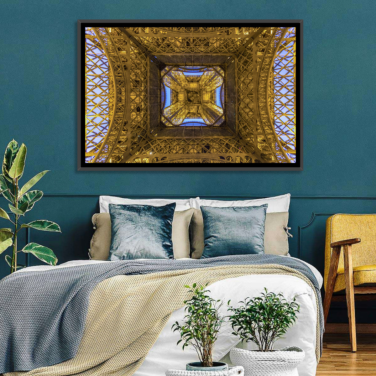 Eiffel Tower Lattice at Dusk Wall Art in a room, landscape