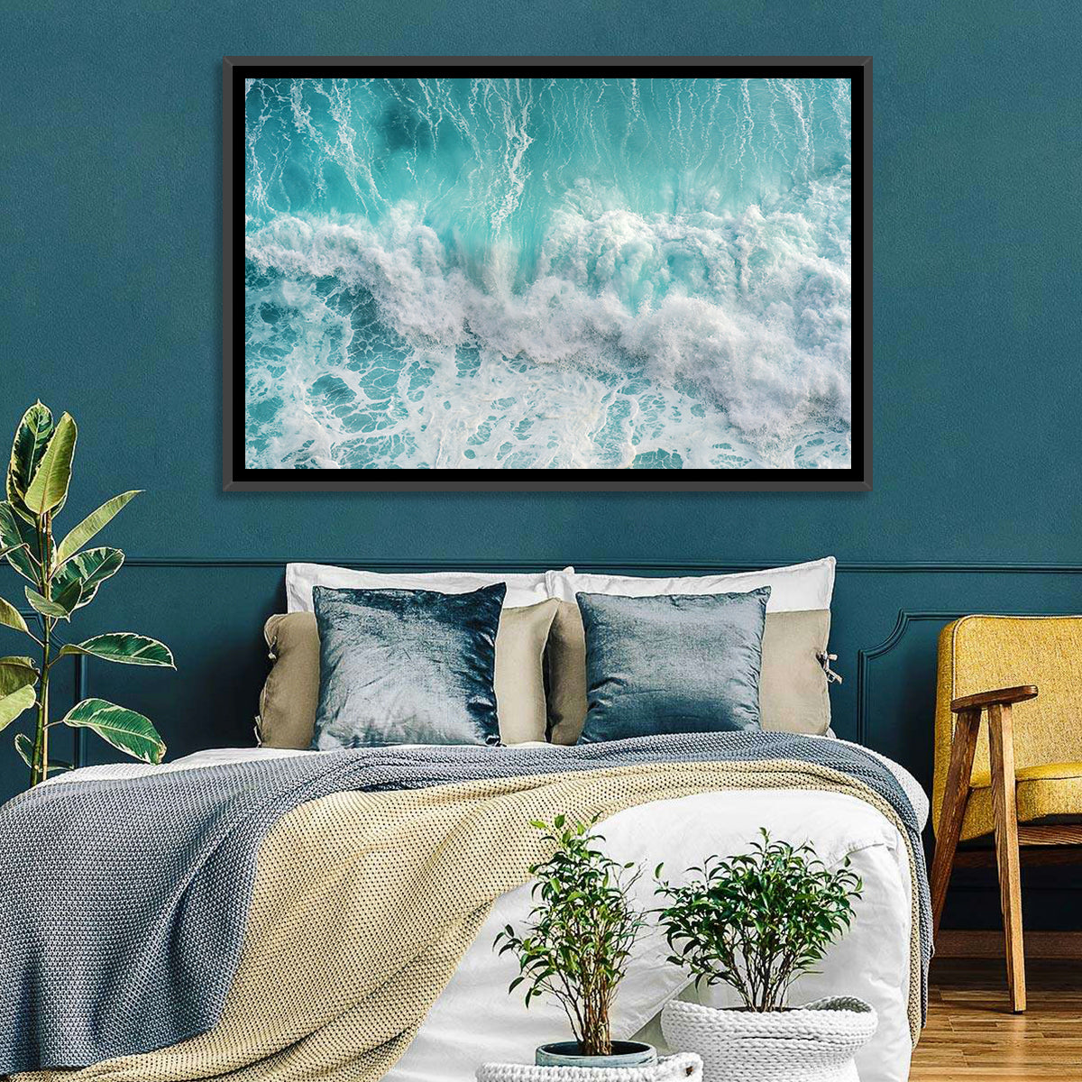 Top Down Turquoise Wave Wall Art in a room, landscape