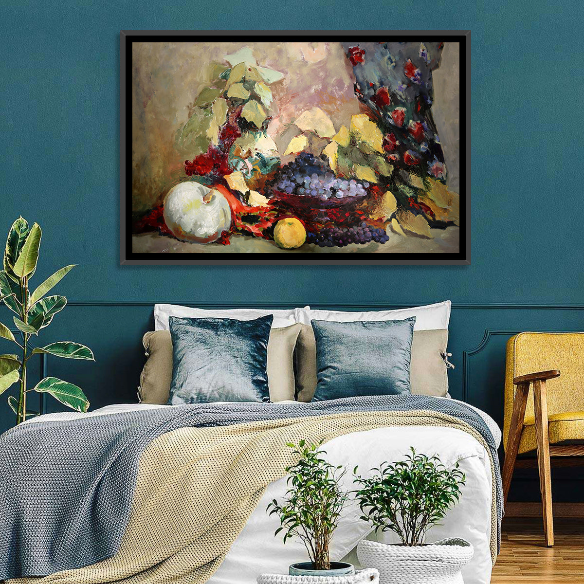 Grapes and Melon Still Life Wall Art in a room, landscape