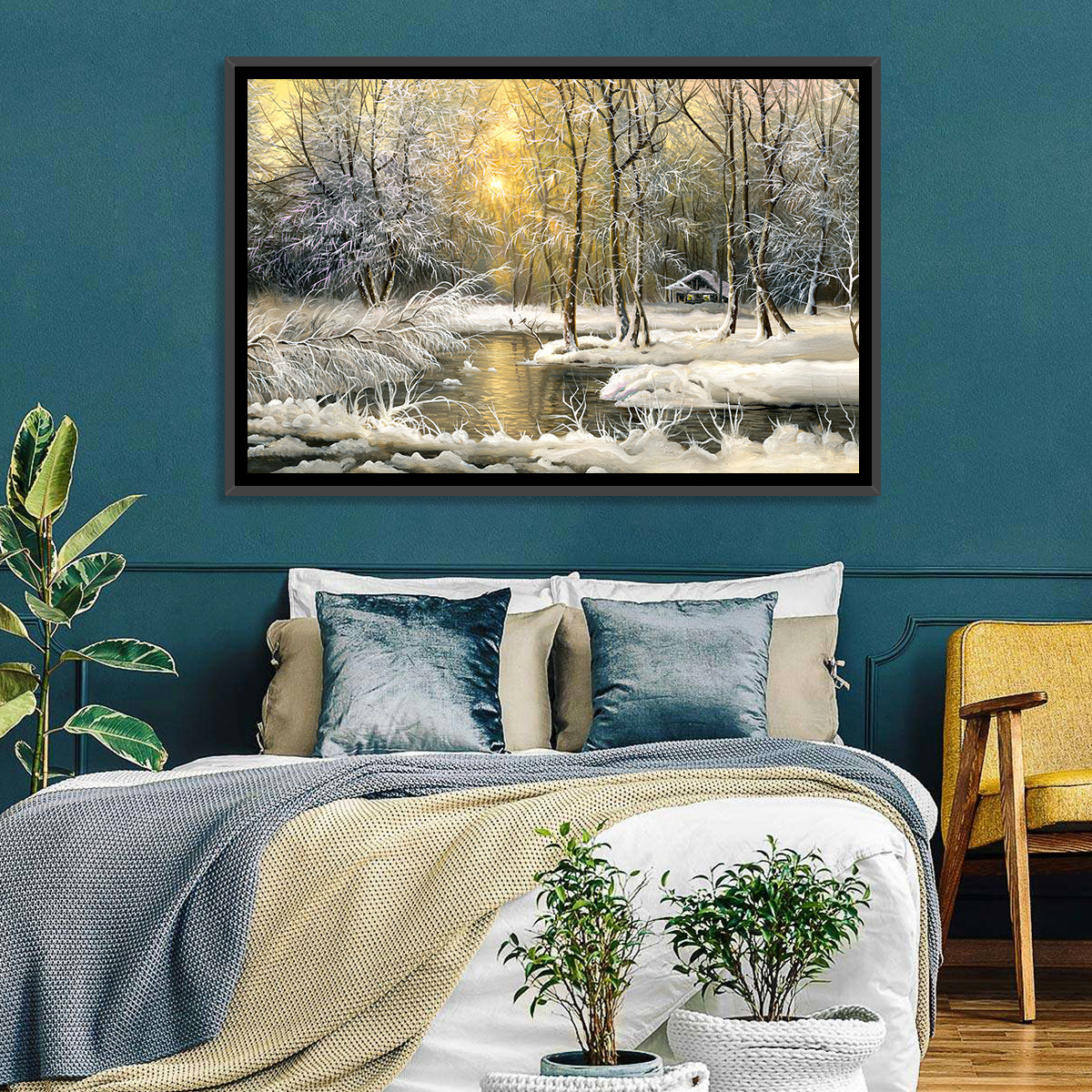 Sunlit Winter Cabin Wall Art in a room, landscape