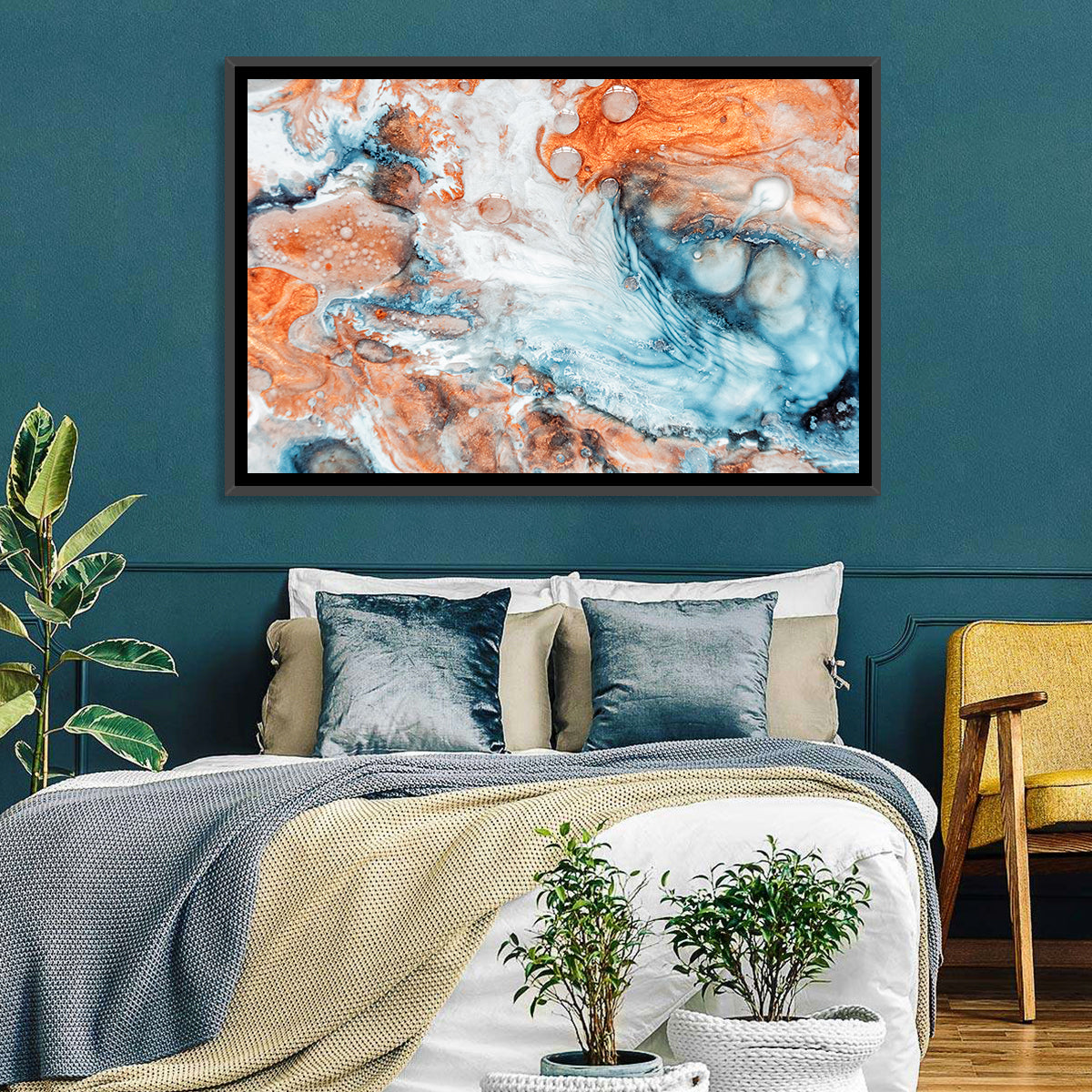 Copper Marble Fluid Abstract Wall Art in a room, landscape