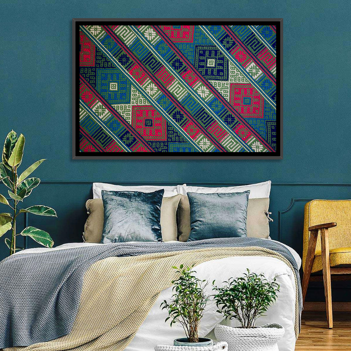 Handwoven Geometric Textile Wall Art in a room, landscape