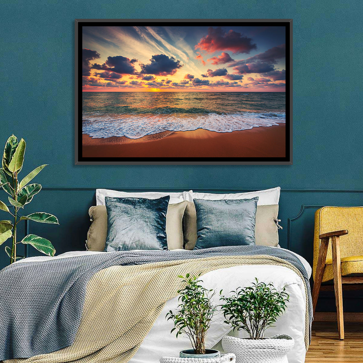 Golden Hour Beach Waves Under Cloudy Sky Wall Art in a room, landscape