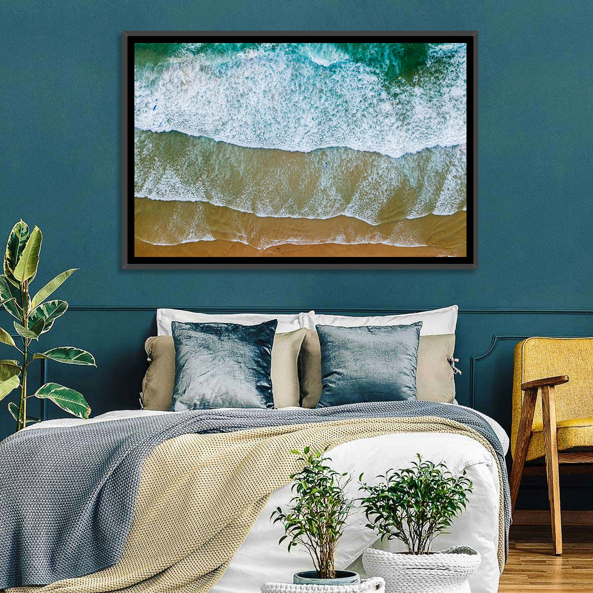 Aerial Teal Beach with Surfers Wall Art in a room, landscape
