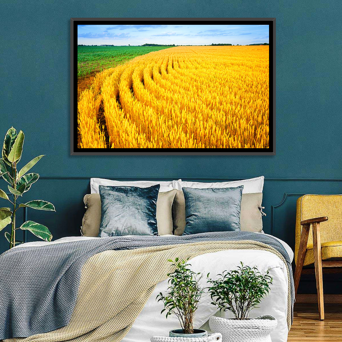 Summer Wheat Field with Curved Paths Wall Art in a room, landscape