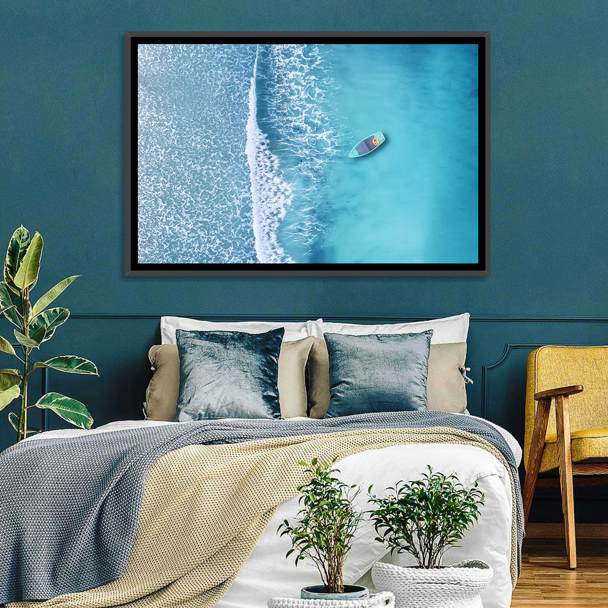 Lone Boat Over Turquoise Waves Wall Art in a room, landscape