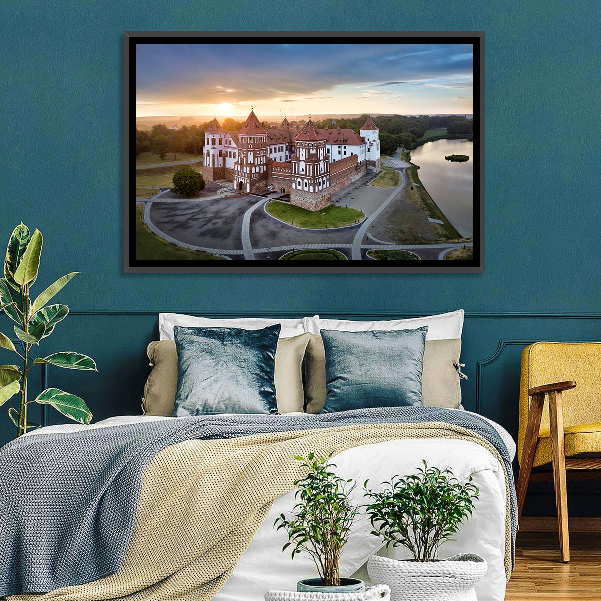 Mir Castle Sunrise Over Lake Wall Art in a room, landscape